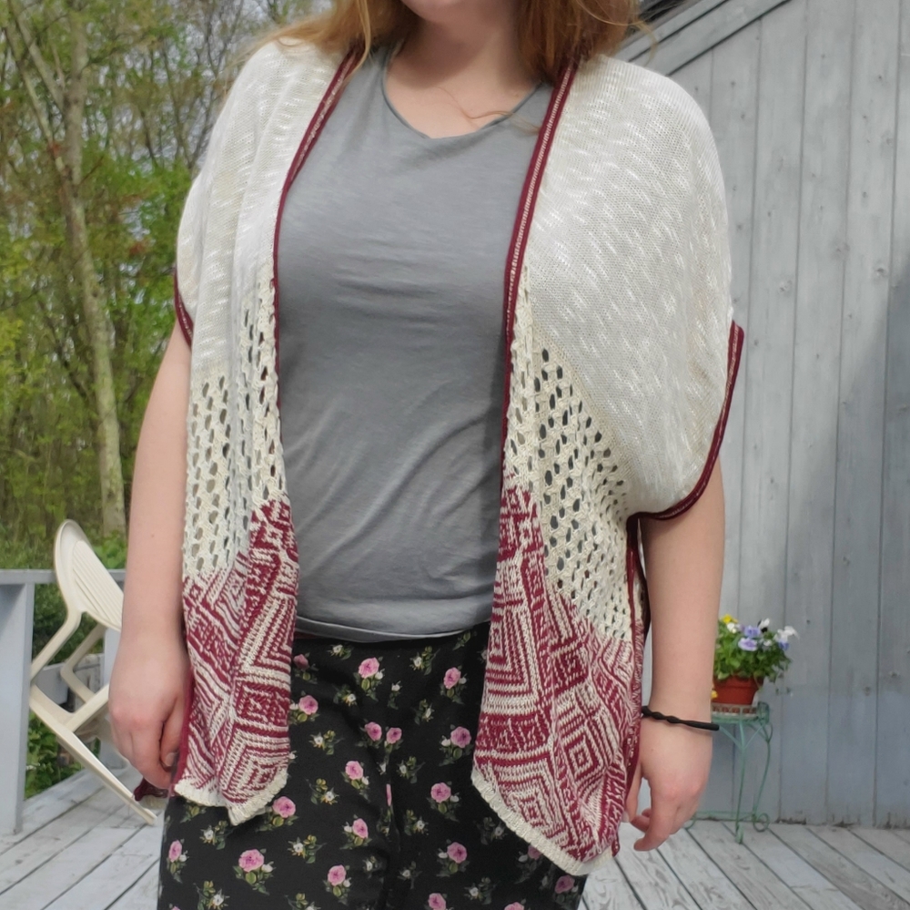 Boho Knit Kimono Wrap | Red & Cream for Layering - Picture 10 of 12